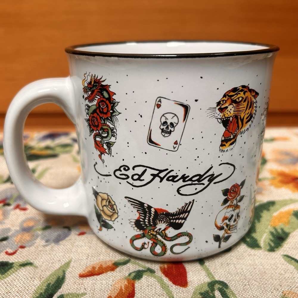 Y2K Style Ed Hardy Tattoos Skulls Ceramic Camper Tea Coffee Mug Cup 16oz Biker